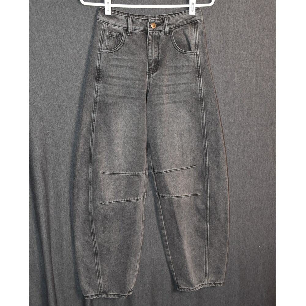 Hungson Women's 2 Barrel Leg Tapered Jeans High Rise Black Denim Distressed